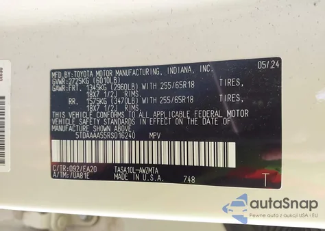 2024 Toyota Grand Highlander Xle из США, поврежденный, VIN 5TDAAAA55RS016240